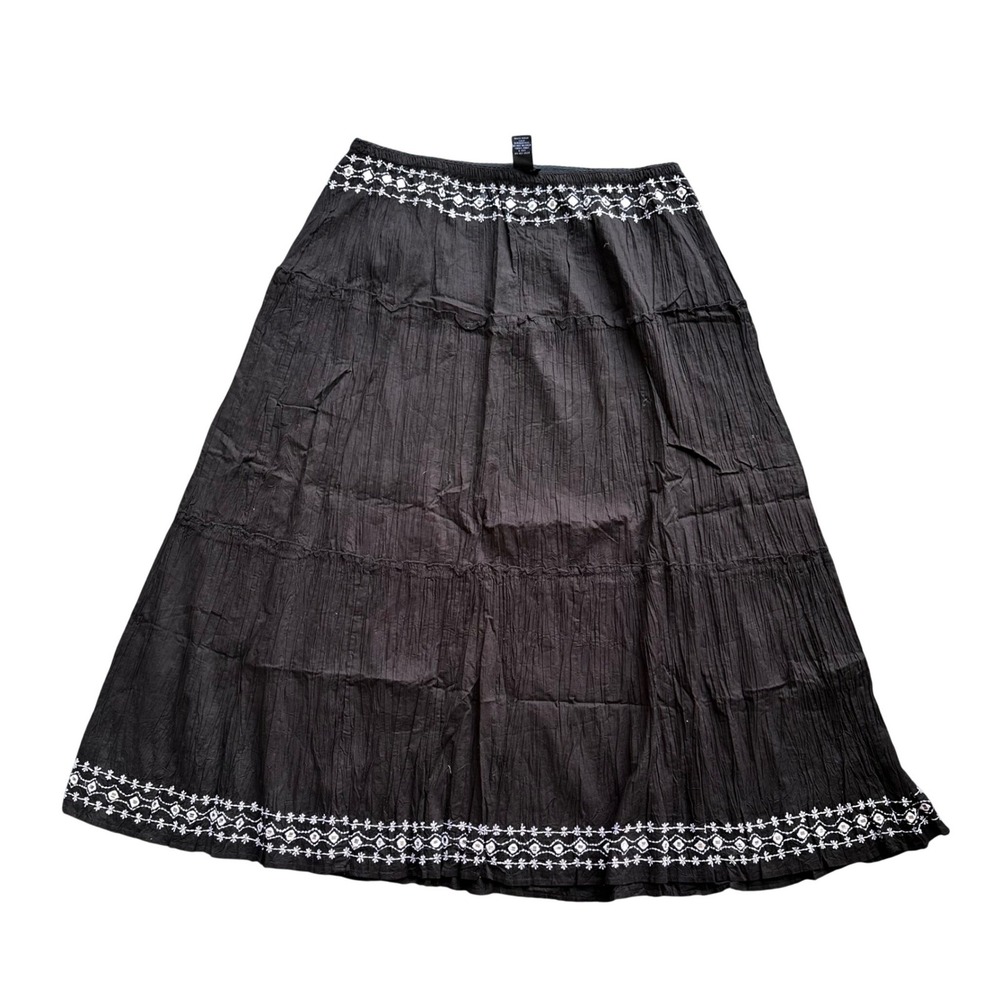 Y2K West End Womens Black Cotton Tiered Maxi Skirt Embroidered Mirror Boho Large